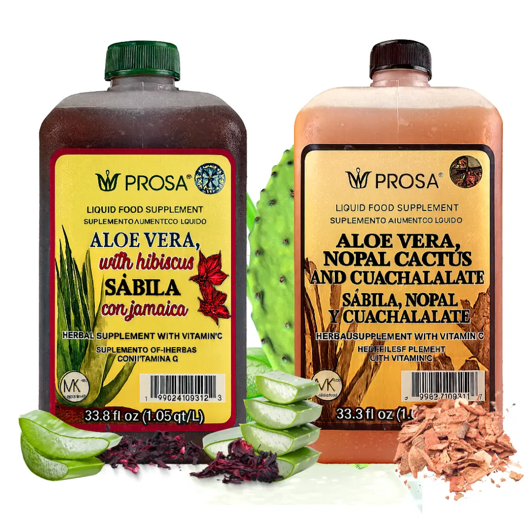 [Two Pack] PROSA Aloe Vera, Nopal Cactus, and Cuachalalate + Aloe & Hibiscus Herbal Supplement – 33.8 fl oz (1.05 qt / 1L) Each – with Vitamin C