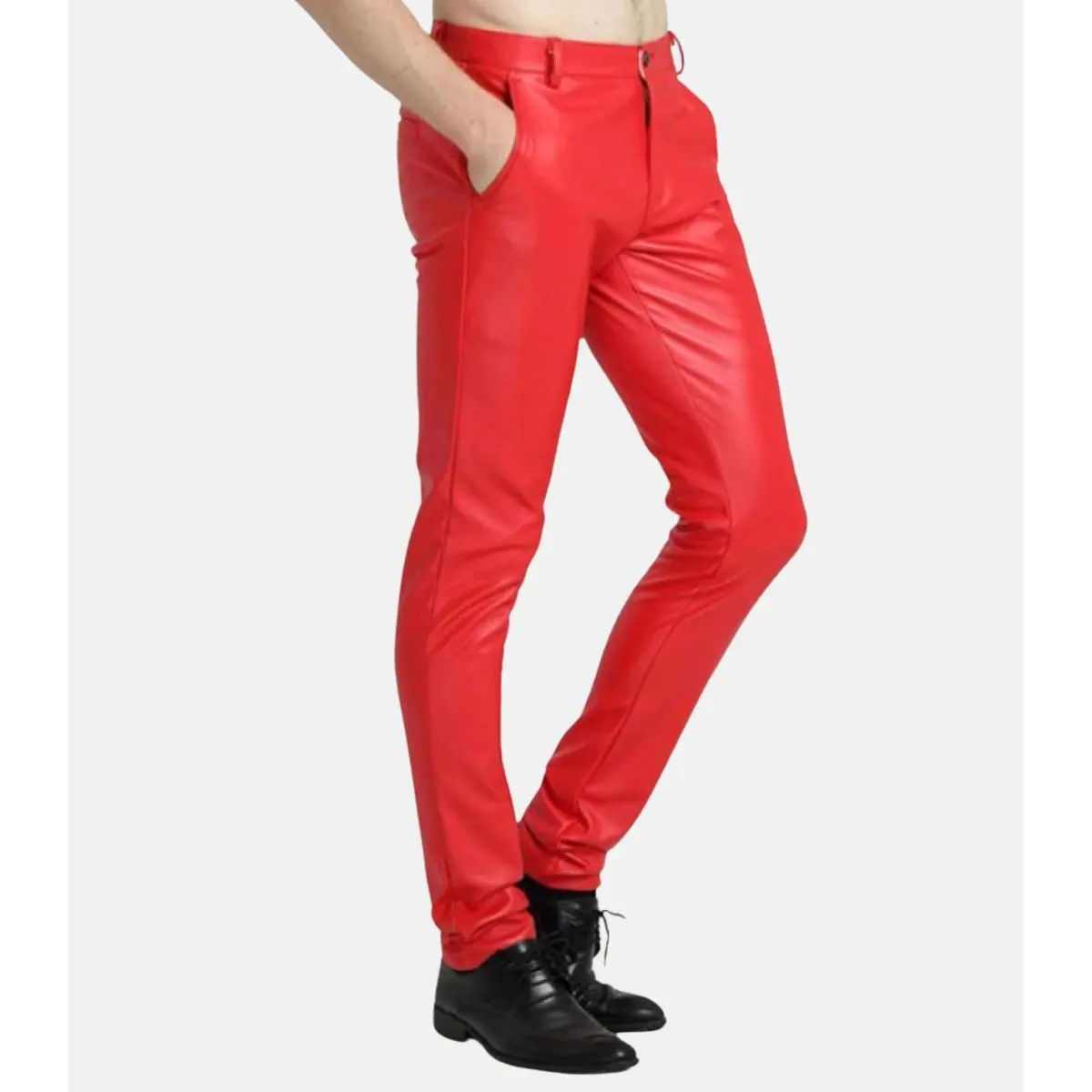 Men's Casual Slim Fit Red Leather Long Pants