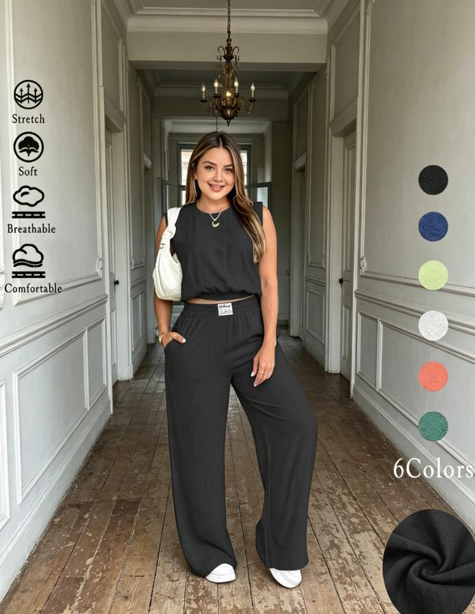 Women's 2-Piece Solid Color Tank Top & Wide Leg Pants Set, Womenswear Matching Casual Fashion Breathable Elastic Outfit for Daily Outdoor Wear, Ladies Clothes for Summer