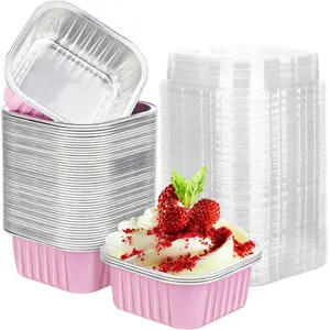 Mini Cake Pans with , 50 count 5oz  Disposable Foil Loaf Pan, Aluminium Ramekins Square Baking Cups Dessert Containers, Molde Para Flan Muffin Cupcake Liner for Party Individual Serving