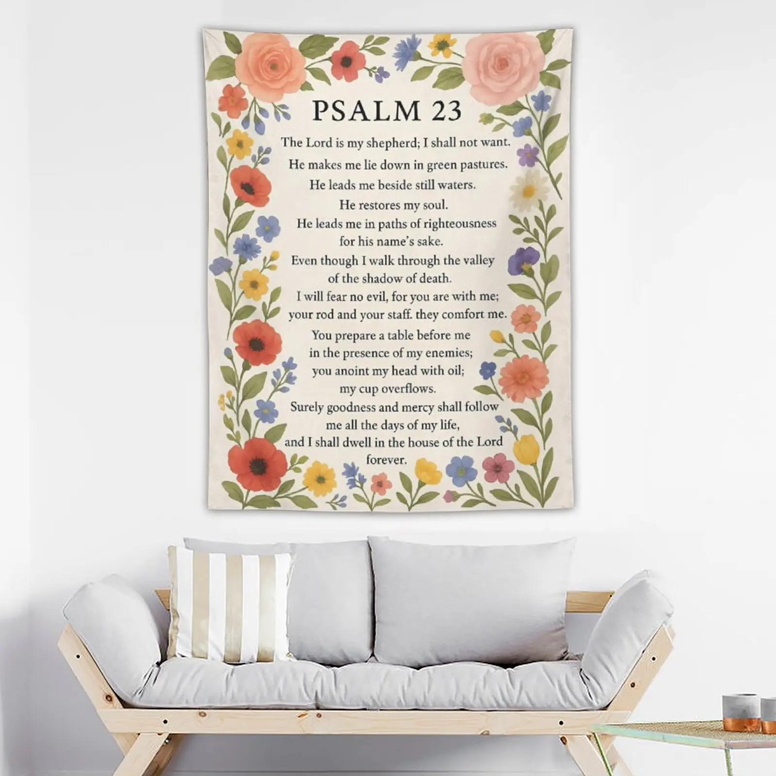 Bible Verse Tapestry Scriptural Gift , Christianity Gifts for Women ,Religious Psalm 23 Art Tapestry ,Christian Home Decore Tapestry Floral Designs Lightweight