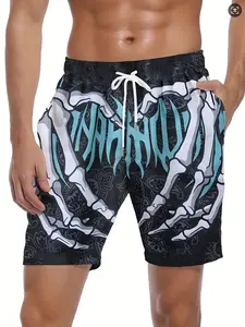 Plus Size Men's Gradient Skull Print Double-Layer Athletic Shorts with Drawstring Waist & Pockets - Breathable Knit Fabric for Gym, Sports, Casual Wear - Black/White Skull & Turquoise Swirl Design, Skull Shorts, Durable Sportswear, PLUS SIZE