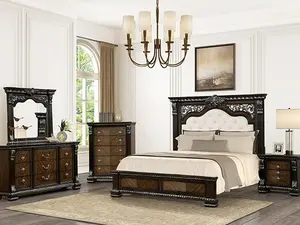 FM70002DB-4PC Promenade Espresso Finish Wood Button Tufted Fabric Upholstered Queen Bedroom Set with Nightstand Dresser & Mirror