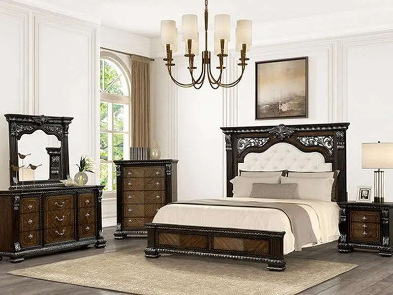 FM70002DB-4PC Promenade Espresso Finish Wood Button Tufted Fabric Upholstered Queen Bedroom Set with Nightstand Dresser & Mirror