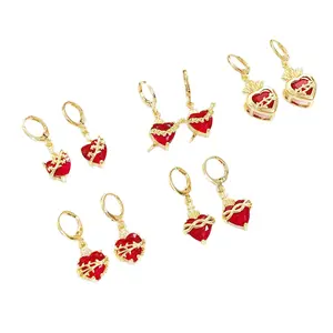 Y2K Sacred Heart & Arrow Earrings, Vintage Red Zircon Drop Hoops for Women