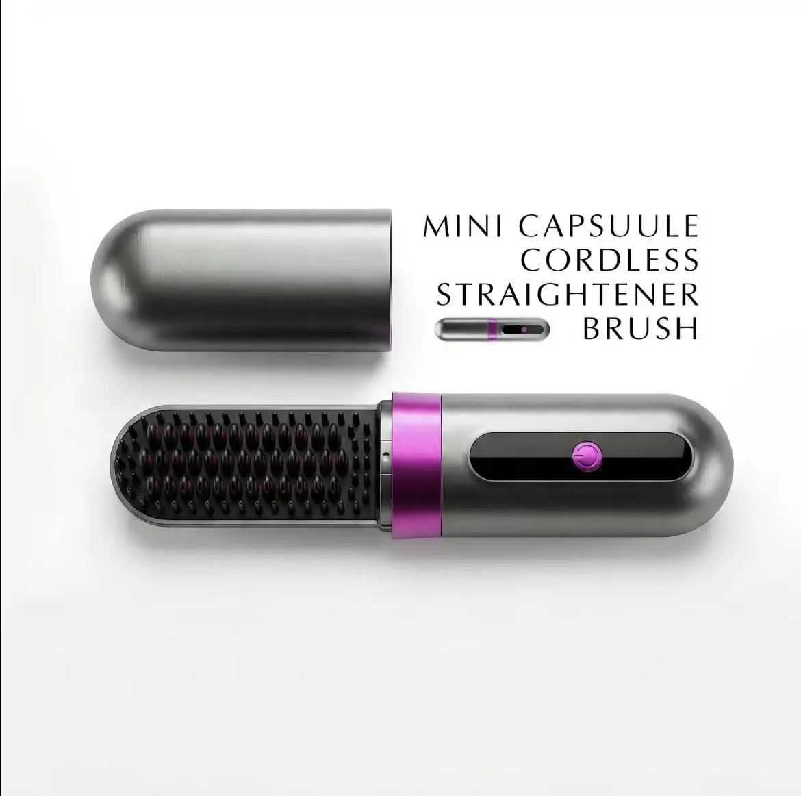 Mini Capsule Cordless Hair Straightening & Curling Brush - Rechargeable Salon Heated Brush with LCD Display, Ceramic Bristles, Pocket-Size Travel Styler for On-the-Go Flawless Hair Styling