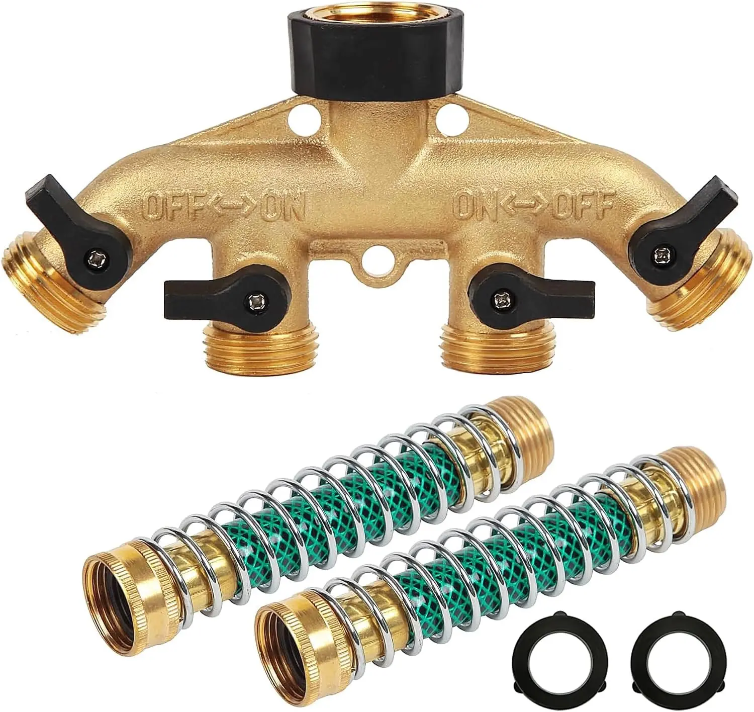 Heavy Duty Brass Garden Hose Splitter, 3/4" 4-Way "Y" Shut-Off Hose Connector Outlet Splitter Spigot Adapter with 2 Kink-Free Outdoor Faucet Extension Hose Protectors for House Lawn Patio Garden