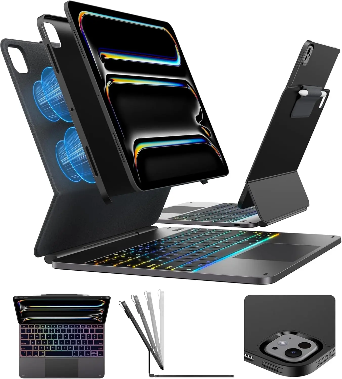 Tablet Keyboard Case Accessories for iPad Pro 13-inch (M5/M4, 2025/2024) - Space Black, 11-Color RGB Backlight, 71-81 Keys, Multi-Mode, Detachable Back Case, Magnetic Floating Stand, Larger Trackpad