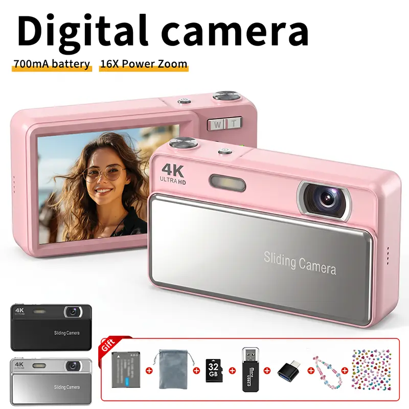 Camera Gift Set — New Slide Cover Digital Camera, 32GB SD Card, Card Reader, Adapter Included, Bonus Crystal Sticker and Bracelet, Perfect for Birthday / Christmas / Graduation