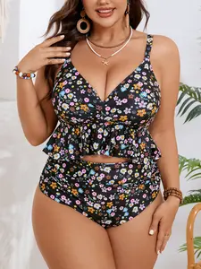 Women's Plus Size Black Floral Ruffle Hem High Waisted Tummy Control Tankini Swimsuits, Bathing Suits for Curvy Figures