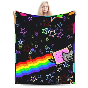 Cat Rainbow Pixel Nyan Blanket Ultra Soft Plush Flannel Cozy Warm Bedroom Couch Sofa Chair Throw Novelty Bedspread Decor Decorative Throw Perfect Birthday Gift Christmas Gift for Cat Lovers Kids Adults Viral Trending Colorful Retro Gaming Aesthetic Style