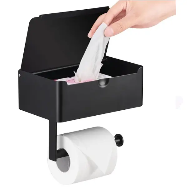 Large Toilet Paper Holder with Shelf, Wipes Dispenser and Storage, Stainless Steel, Wall Mounted, Matt Black, Upgraded Toilet Paper and Flushable