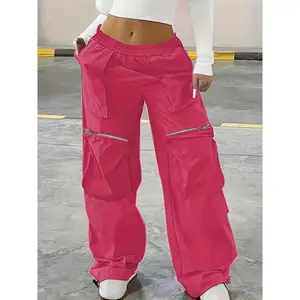 Women's Plus Size Cargo Pants - High Rise Elastic Waistband, Medium Stretch, Wide Leg Trousers with Pockets - Comfortable and Stylish