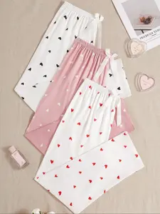 Three-Piece Spring Summer Bow Heart Print Casual Loose Sleepwear Pajama Set Loungewear, Fresh Sweet Cute School Style Long Pants, Outer Wear Wide Leg Pants
