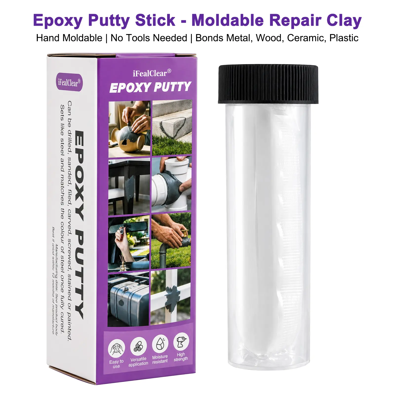 iFealClear Dark Gray Epoxy Putty Stick - Moldable, Odorless Metal Filled Epoxy Repair Putty for Metal, Plastic, Wood - Kneadable Gap Filler for Fill, Patch & Rebuild