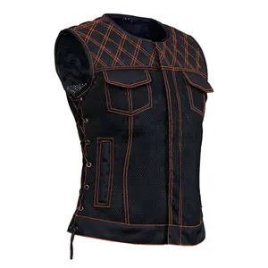 DANIEL SMART Women's Original Fit Sleeveless Motorcycle Summer Spark Mesh Shell Vest - Black F2 Mesh, Quilted Rhombus Stitching, Orange Accents, Full-Length Zipper, Side Lace-Up, Conceal Carry Pockets, S-5XL Tops, Concealable Women's Vests, Diamond-Patche