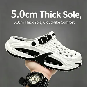 Men's slip-on half-slide slippers, lightweight and breathable, designed for casual comfort with a versatile and minimalist style. Suitable for beach outings, camping, vacations and travel. Available in trendy colors: white-blue and black.