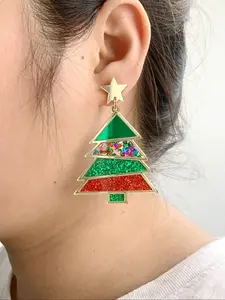 Women's Christmas Tree Earrings, Acrylic Dangle Drop Earrings, Geometric Design, Holiday Jewelry Gift for Women & Girls