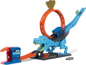 Hot Wheels City Track Set with 1 Toy Car, Race Through a Giant Loop to Defeat a Big Dinosaur, T-Rex Loop Stunt and Race Playset​​​