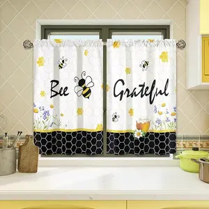 Bee Short Curtains, Spring Summer Kitchen Half Window Curtains, Bedroom/Living Room/Bathroom/Cafe/Sink/Cabinet, 2 Panel Curtains, Width 66.04 cm x 91.4 L