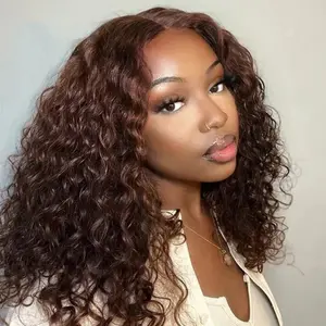 Chocolate Brown Curly Human Hair Wigs 13x4 13x6 Deep Wave Lace Frontal Wigs For Women Pre Plucked 100% Brazilian Human Hair Wig