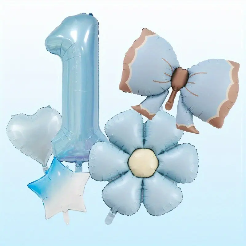 Blue Theme Foil Balloon Set, Includes Large Bow, Gradient Star, Heart & Daisy Designs, Ideal for Birthday Party Decorations