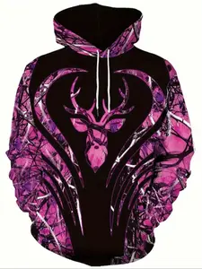 Men's Casual Hoodie Sweatshirt with 3D Deer Print, Polyester Knit Fabric, Medium Stretch, Regular Fit, All Seasons Wear
