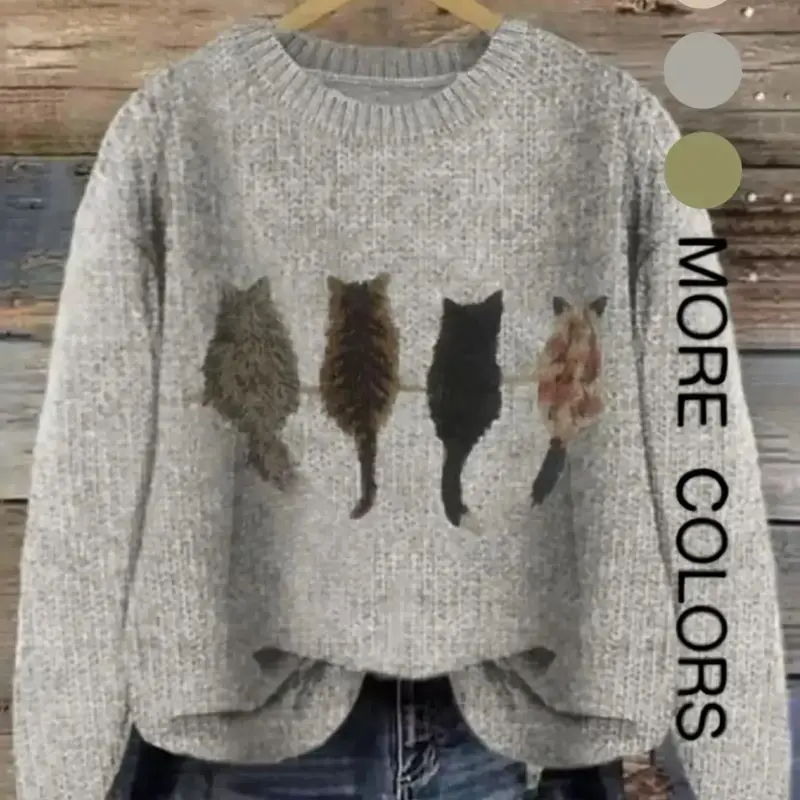Women's Cat Pattern Knit Sweater, Soft Comfortable Round Neck Jumper, Casual Fashion Top, Knitwear