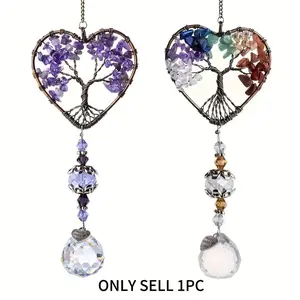 1pc Rainbow Crystal Sun Catcher, Tree Of Life Suncatchers Heart Shaped Hanging Ornament Chakra Stones Window Crystal Ball Prism Pendant Garden Home Car Decor Hanging Wind Chime Garden Accessories