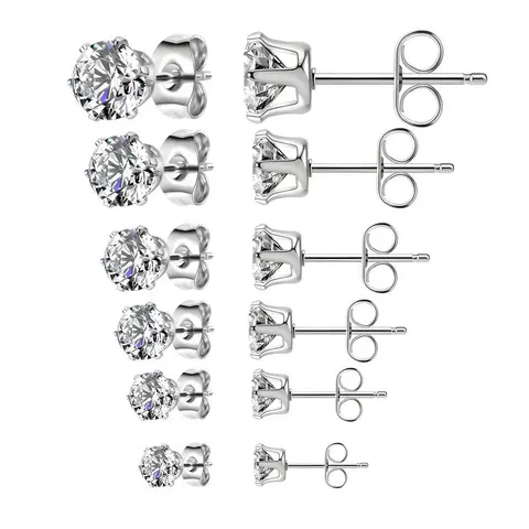 Cubic Zirconia Stud Earrings Set of 6 - Hypoallergenic Stainless Steel, 3-8mm Sizes, Butterfly Backing, Men's Earrings