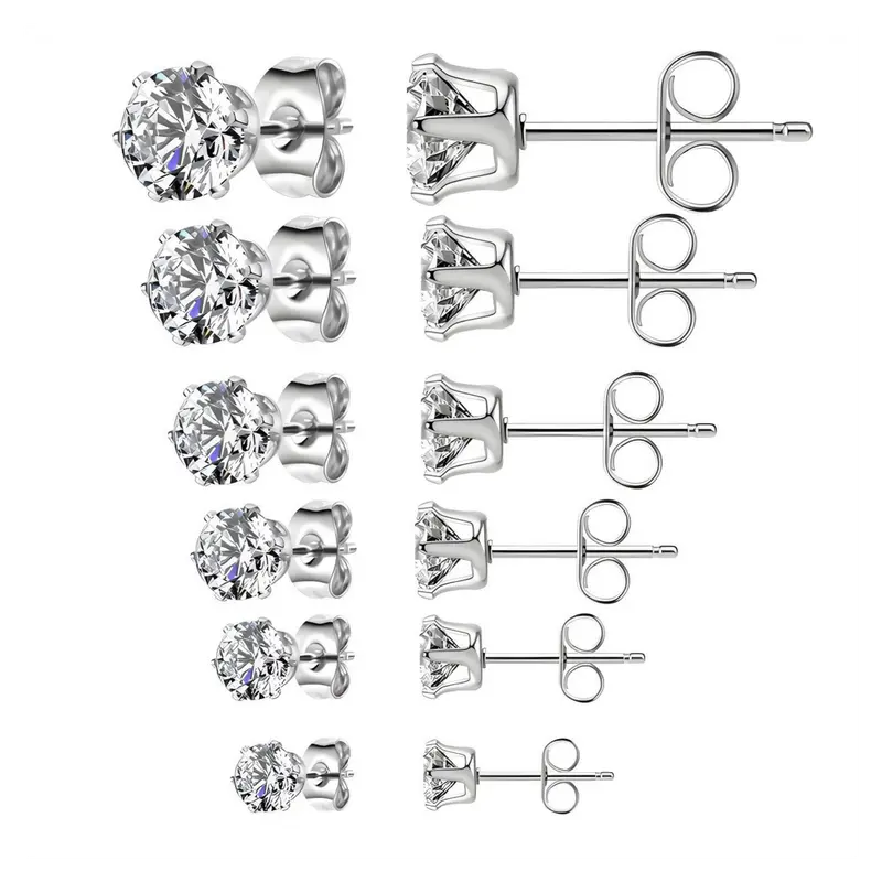 Cubic Zirconia Stud Earrings Set of 6 - Hypoallergenic Stainless Steel, 3-8mm Sizes, Butterfly Backing, Men's Earrings