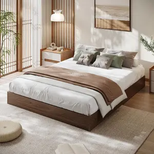 California King Size Solid Wood Platform Bed with Sturdy Wooden Slats, Floor-Standing Bed Frame, Modern Minimalist Design Bed Frame, No Box Spring Needed, Space Saver, Easy Assembly, Walnut Wood