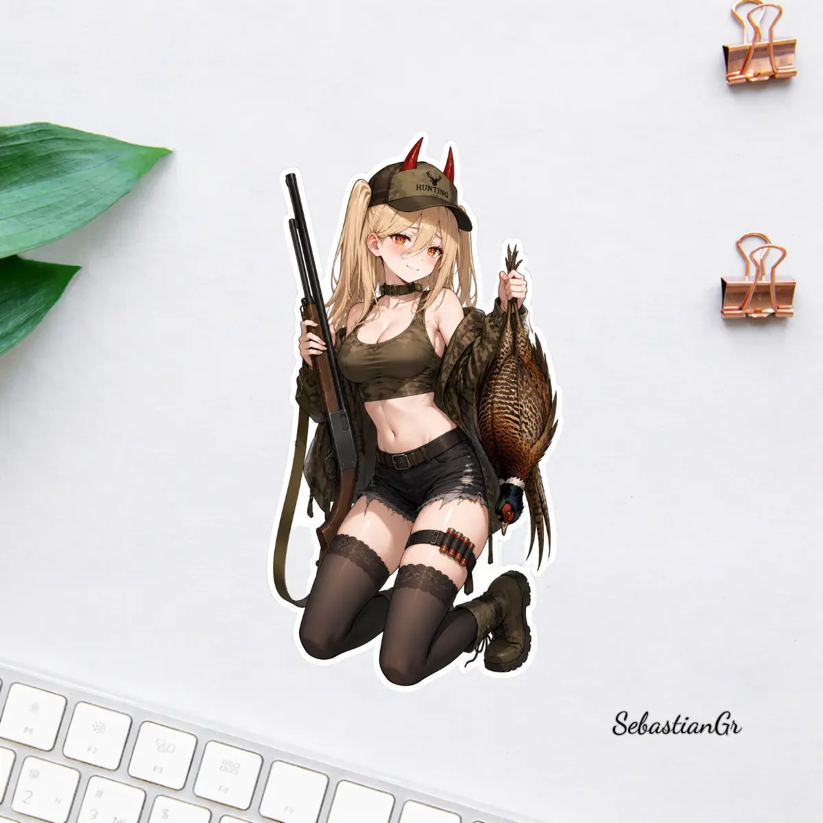 Anime Pheasant Huntress Sticker, Cute Hunting Girl Vinyl Decal, Bird Hunting Waterproof Sticker, Shotgun Hunter Gift