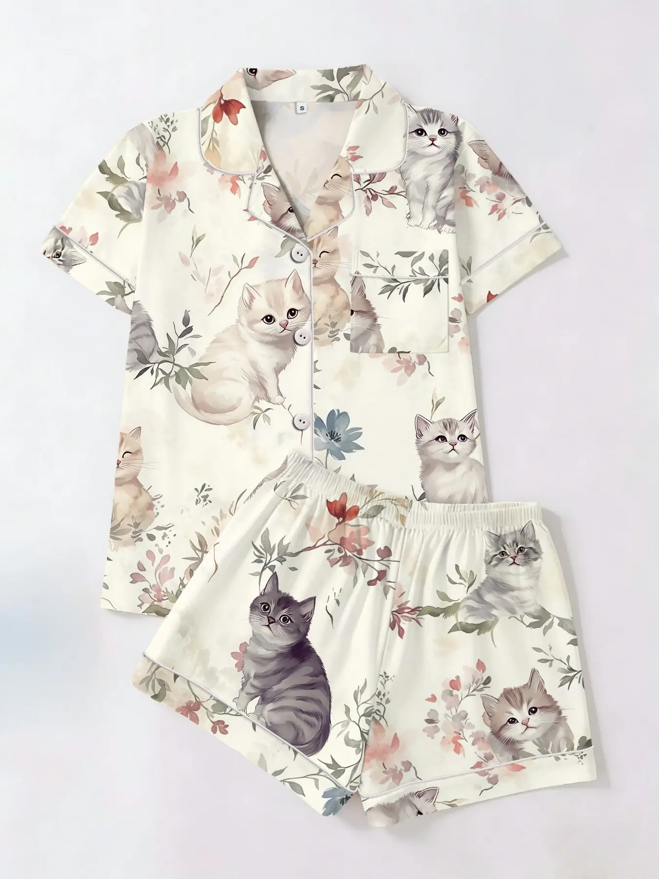Cute Cat & Floral Print Pajamas Set, Loungewear, Short Sleeve Shirt & Shorts, Two-Piece Set, Casual Home Wear for All Seasons