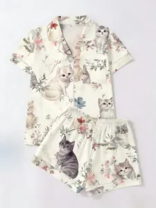 Cute Pet Cat Floral Print Fitted Pajamas Set, Short Sleeve T-Shirt & Shorts Cardigan Two-Piece, Casual Home Wear Sleepwear Loungewear Nightwear for All Seasons Womenswear Homewear
