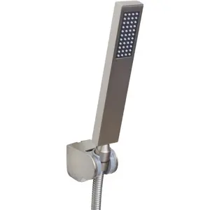 Square Brass Hand Held Shower Head With Wall Connector Holder and Hose Set Brushed nickel