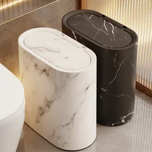 Elegant Oval Press-Top Trash Can, Space-Saving Bathroom Plastic Bucket, Multi-Catagory Storage Paper Bin, Home Waste Container, Bathroom Essentials Accessories