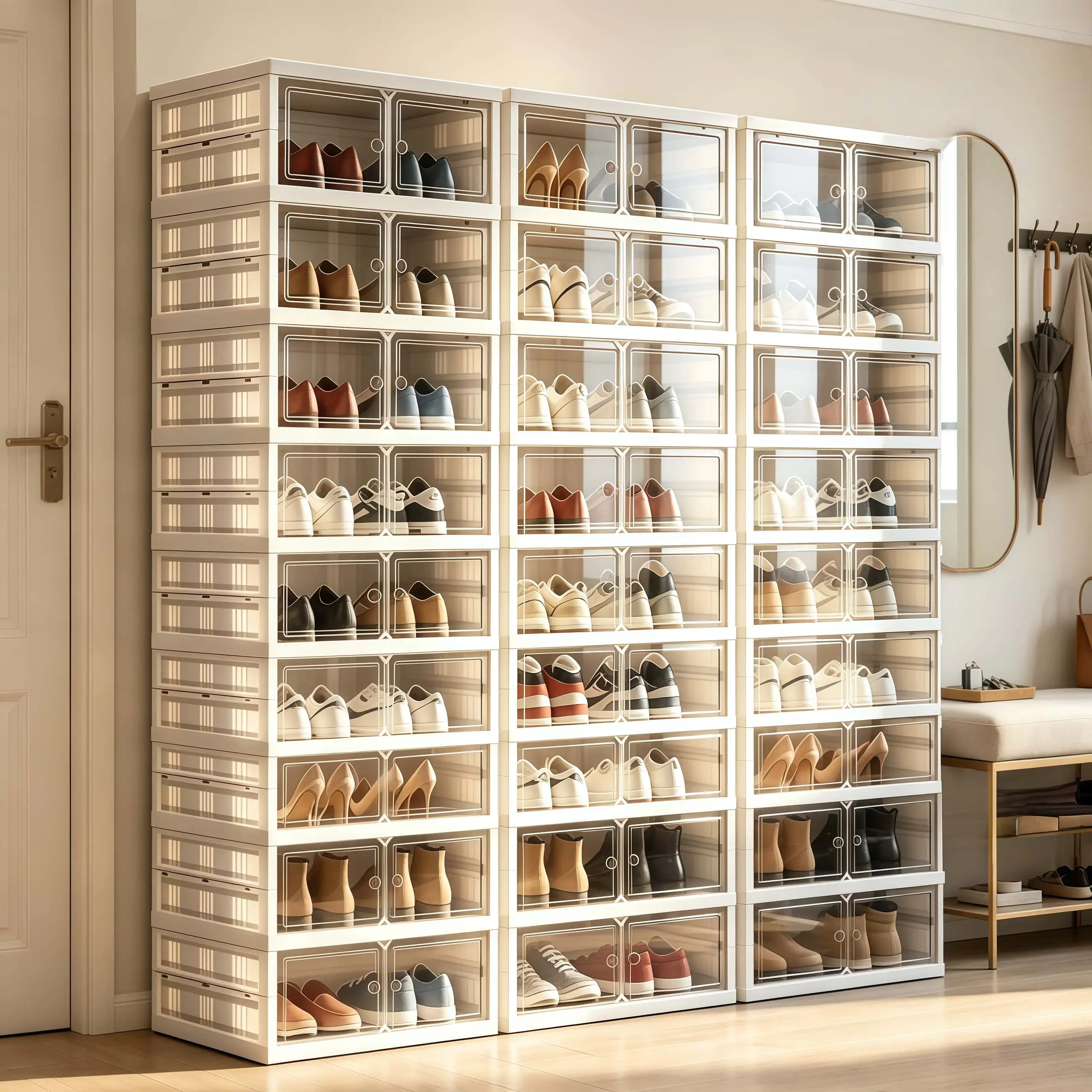 Large Capacity Foldable Clear Modular Shoe Storage Cabinet, Space Saving Easy Assembly Transparent Visible Shoe Display Rack Entryway Household Storage, Stackable Shoe Organizer Boxes For Sneakers Boots, Sandals High Heels Footwear Organize & Display