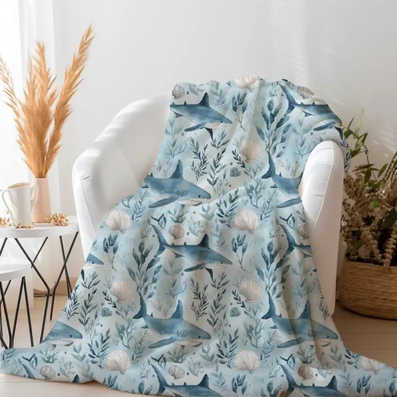 Shark Blanket | Ocean Themed Blanket | Cute Shark Blanket for Toddlers | Shark Decor for Kids Bedroom | Ocean Lover Blanket Gift | Sea Life