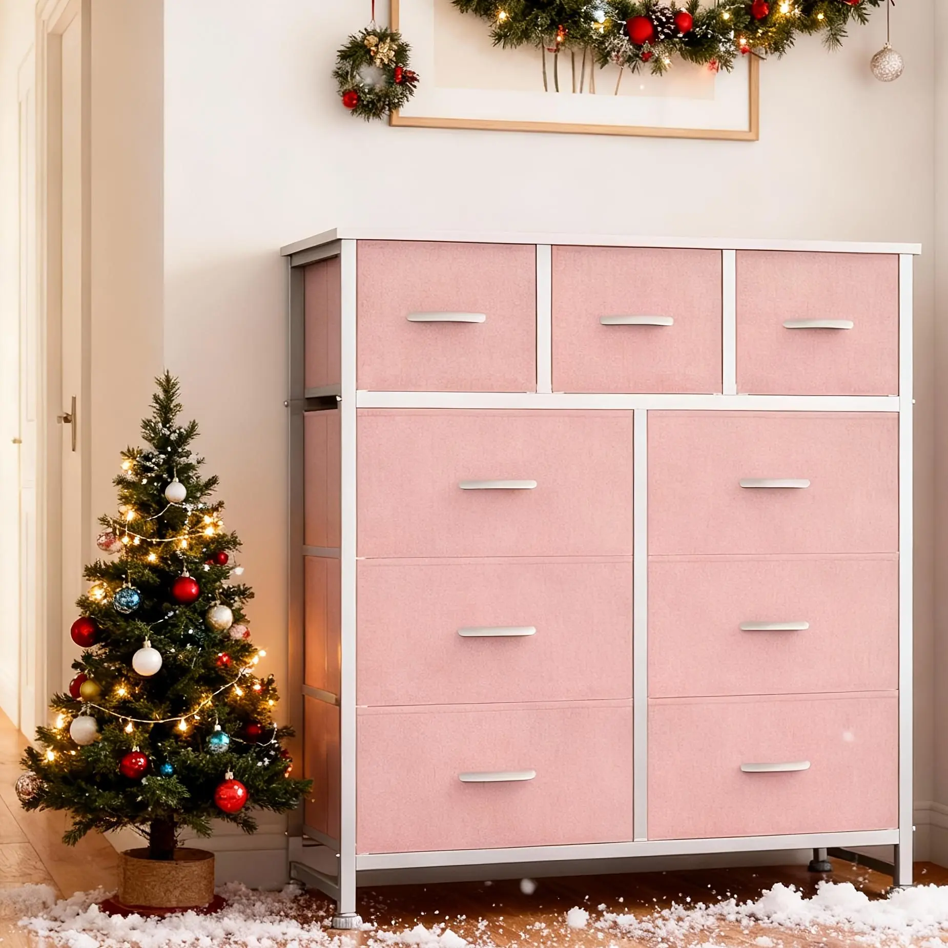 Tall Fabric Dresser - 9-Drawer Freestanding Cabinet Single Unit with Bins, Easy Pulls, Spacious Compartments, Assembly Required, 27"+ Height Indoor Storage Furniture for Bedroom, Closet, Storage Organization