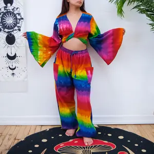 Pride Festival Pants with Bell Sleeve Top, Cotton Rainbow Men/Women  Pants with Pockets, Plus Size , Hippie Colorful Cotton Yoga  Trousers