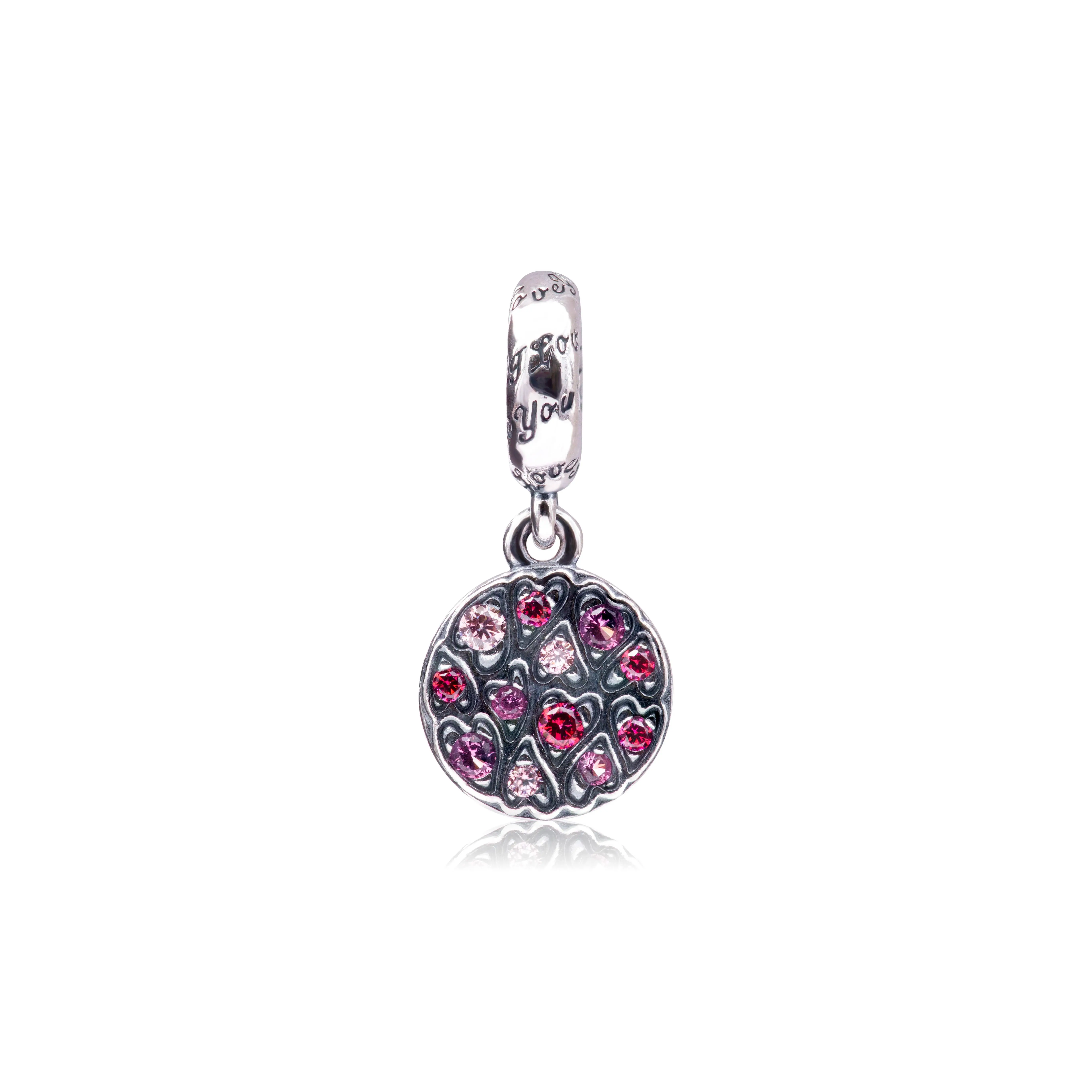 PANDORA Sparkling Heart Dangle Charm with Pink Crystals and Synthetic Rubies, Engraved "I Love You" Bail 799558C01, Charms & Pendants, Bling Effect, Bright, Flat Disc, Round, Adults