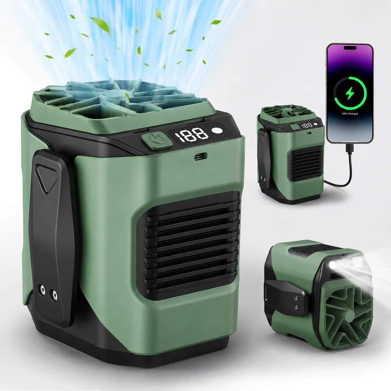 Portable Waist Clip Fan, Rechargeable 5000 mAh Cool Clip Fan, Under Shirt Belt Waist Fan with Flashlight & Power Display, Personal Fan for Outdoor, Camping, Jobsite, Travel & Indoor Use