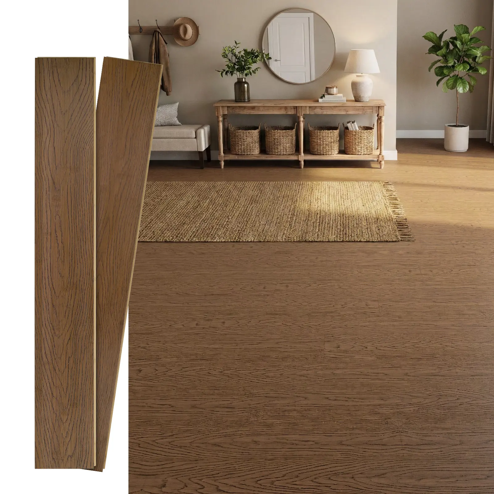 Jeedeson Solid Bamboo Flooring, Natural Embossed Wood Grain, 5.11in x 40.15in x 0.6in Thick, Waterproof, Above Ground, Dent Resistant, Rustic Look, Tongue-and-Groove Planks (14-Pack Covers 20 Sq.Ft)
