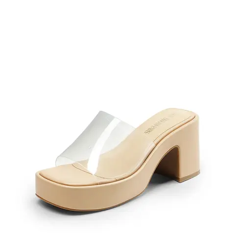 Dream Pairs Women's Classy Vegan PU Leather Slip-On Platform Sandals - Open Square Toe, 3.35-in Chunky Block Heel, 4mm Breathable Latex Insole, Casual Dance Shoes