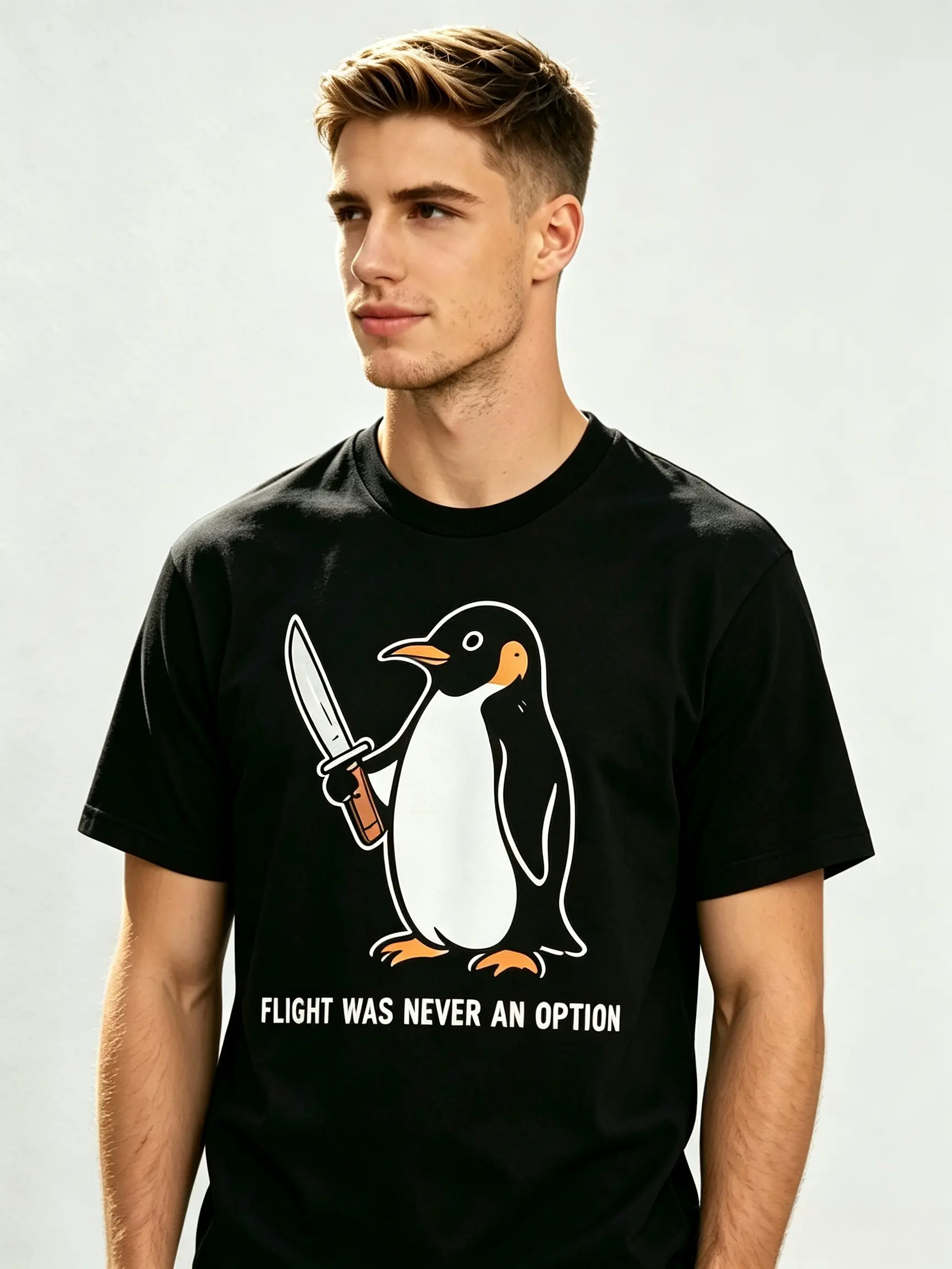Men's Short-Sleeve "Flight Was Never An Option" Penguin Graphic Tee, Vintage Funny Animal Print, Unisex Casual Streetwear Gift