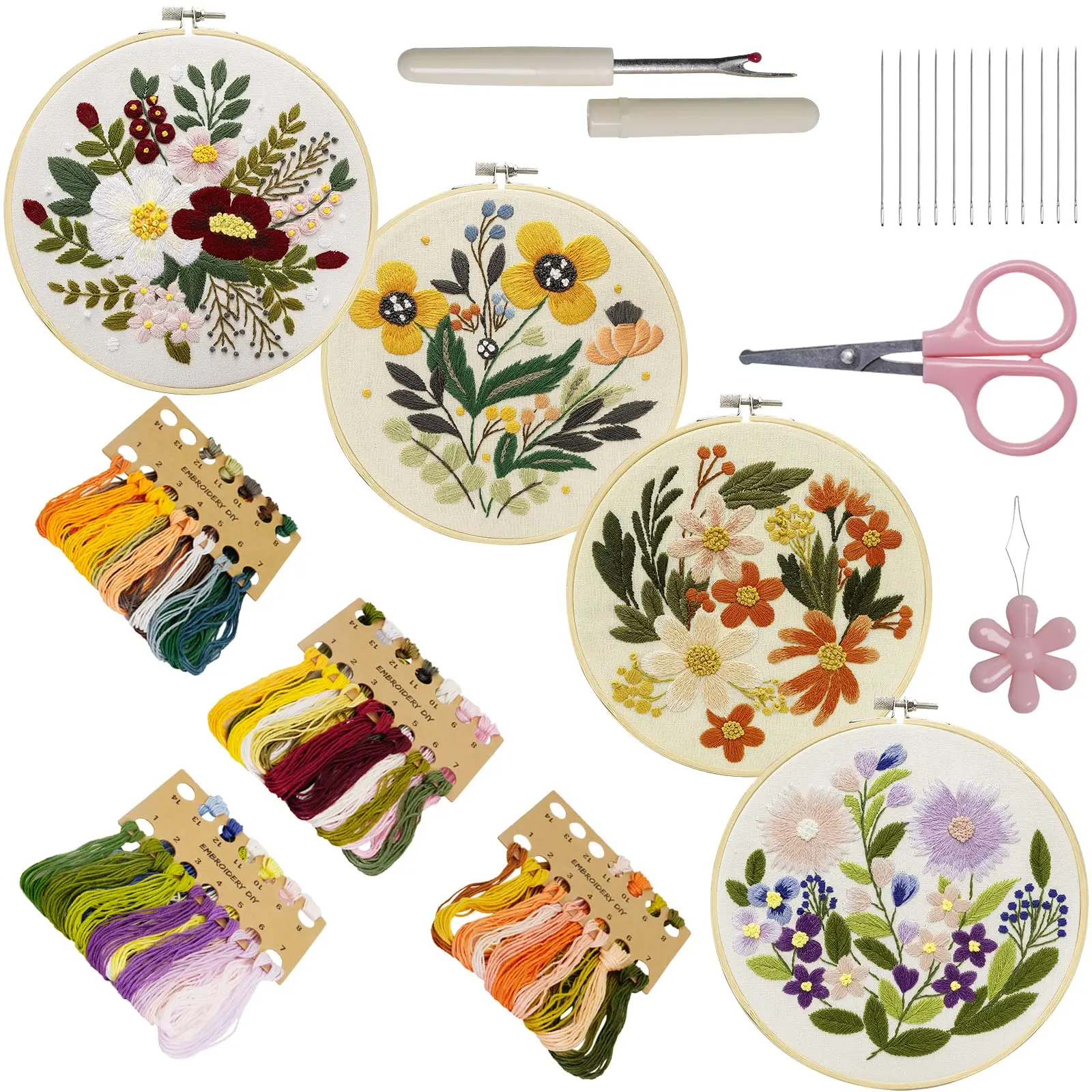 4 Sets Embroidery Kit for Beginners, Includes Pattern, Hoops, Threads, Needles for Sewing Craft
