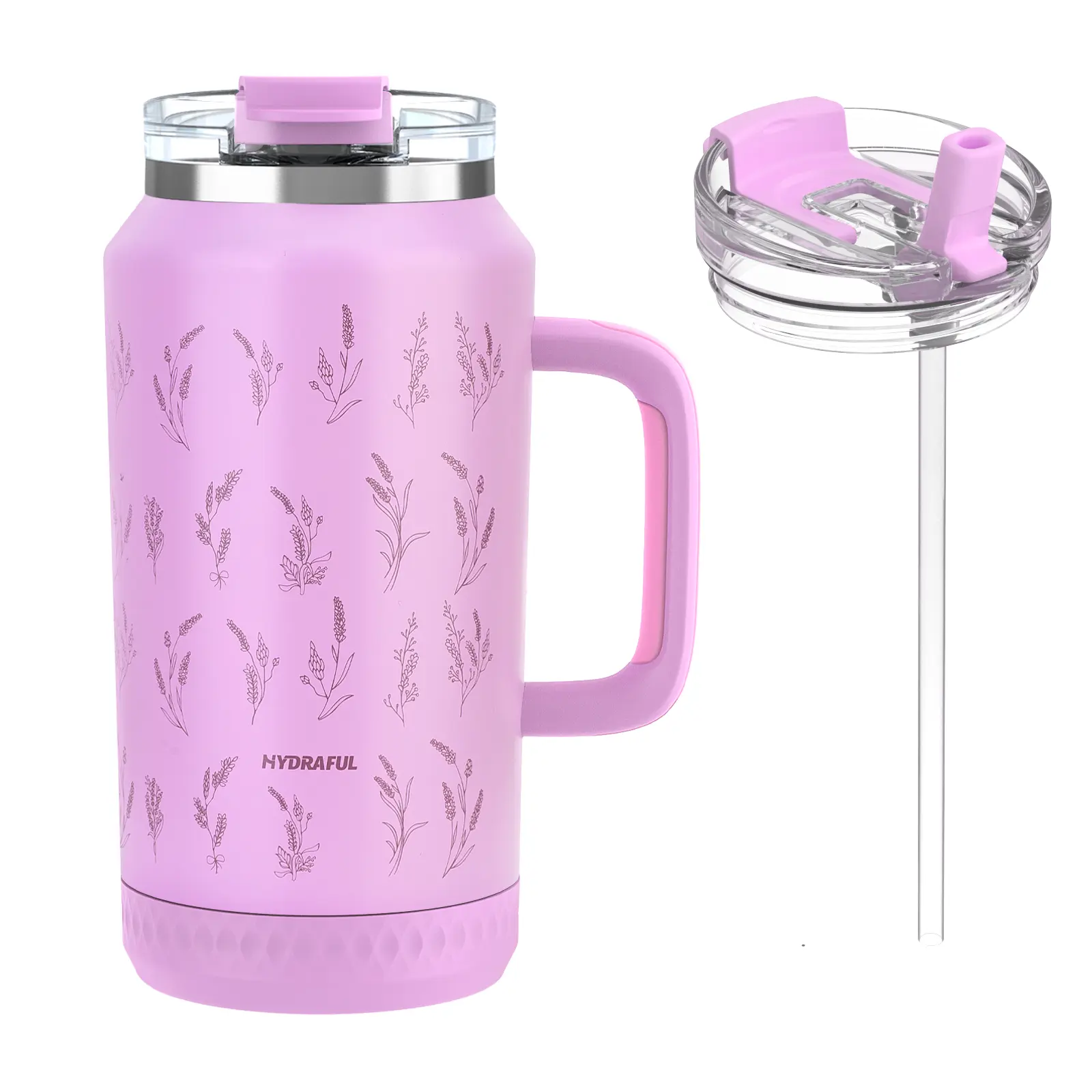 【HYDRAFUL】 BPA-Free Classic 64oz (1,000-2,000ml) Geometric Insulated Stainless Steel Tumbler - With Handle, Silicone Straw, Lid, Anti-Slip Base, Lightweight, Durable, 100% Leak-Proof, Portable Reusable Travel Mug - Ideal for Gym, Hiking, Great Gift Option