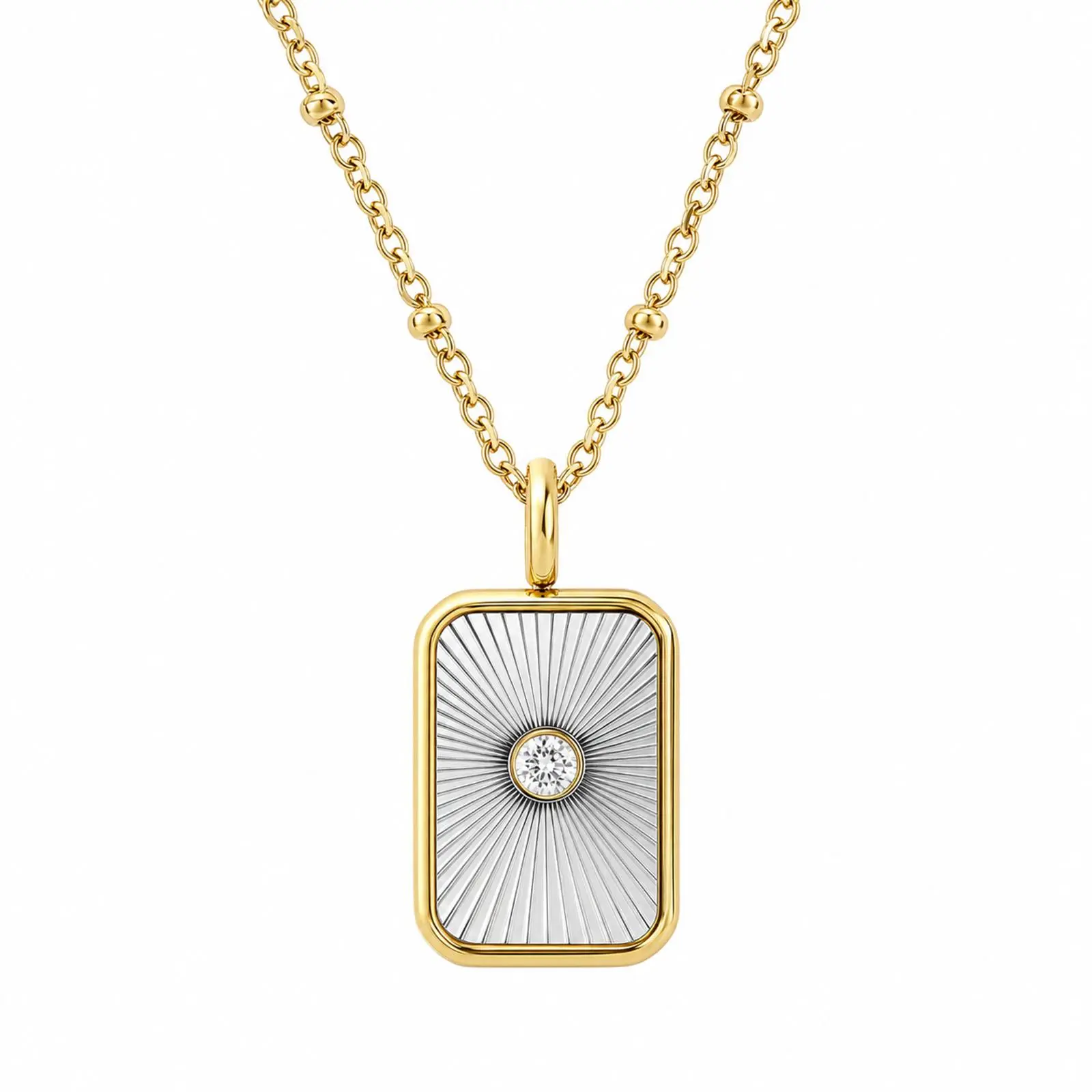 OIDEA Two Tone Square Pendant Necklace for Women, Stainless Steel Radiant Sunburst Rectangle with Cubic Zirconia, Adjustable Chain