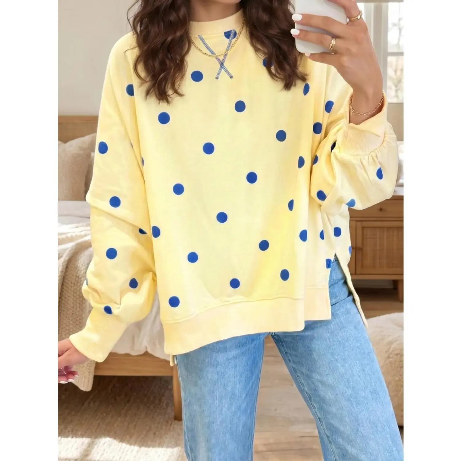 Women's Polka Dot Colorblock Pullover Hoodie, Loose Oversized Round Neck Batwing Sleeve, Casual Comfortable Sporty Sweatshirt Top